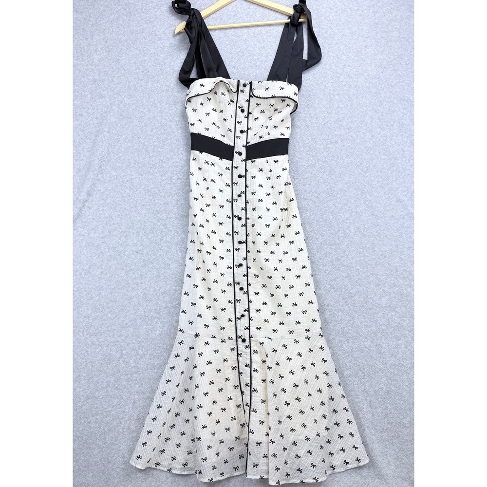Mable Bow Print Midi Dress Women Small White NWT Coquette, Balletcore, Romantic
